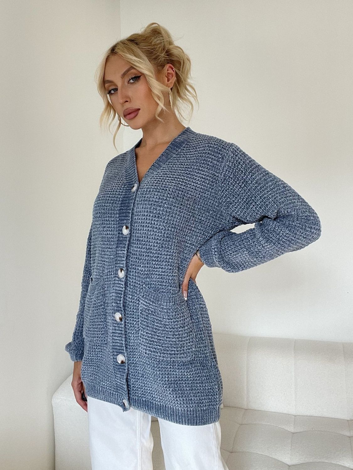 Pocketed V-Neck Button Up Cardigan