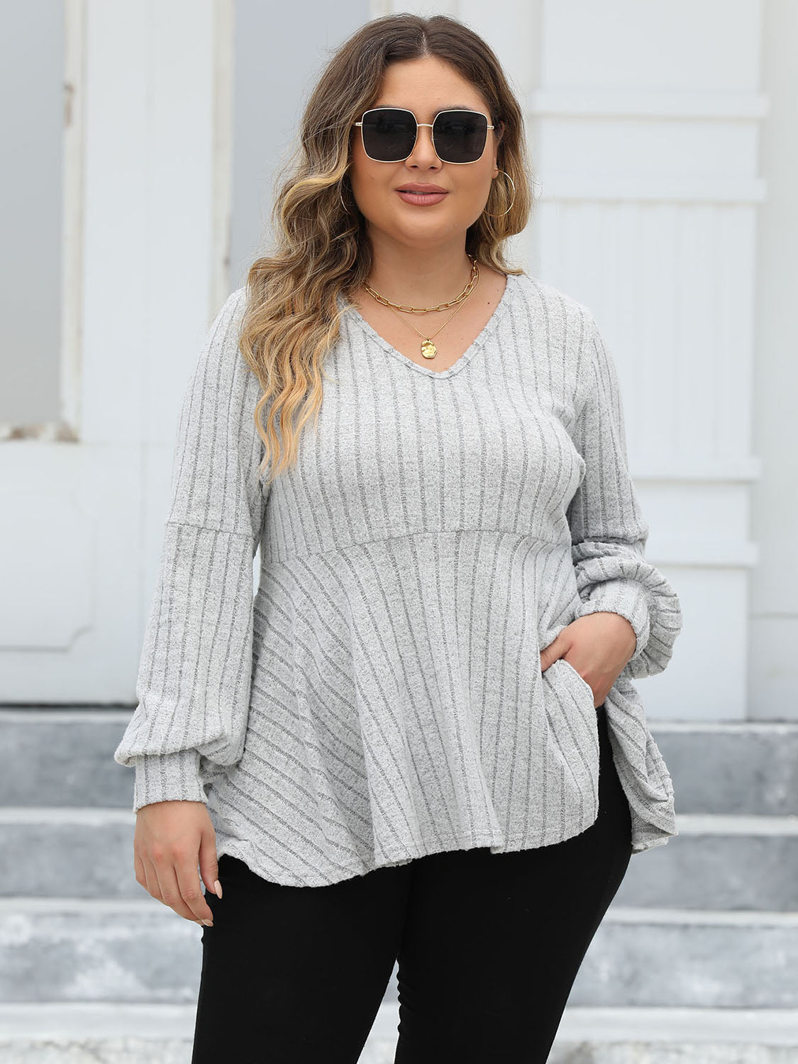 Plus Size Ribbed V-Neck Long Sleeve Blouse