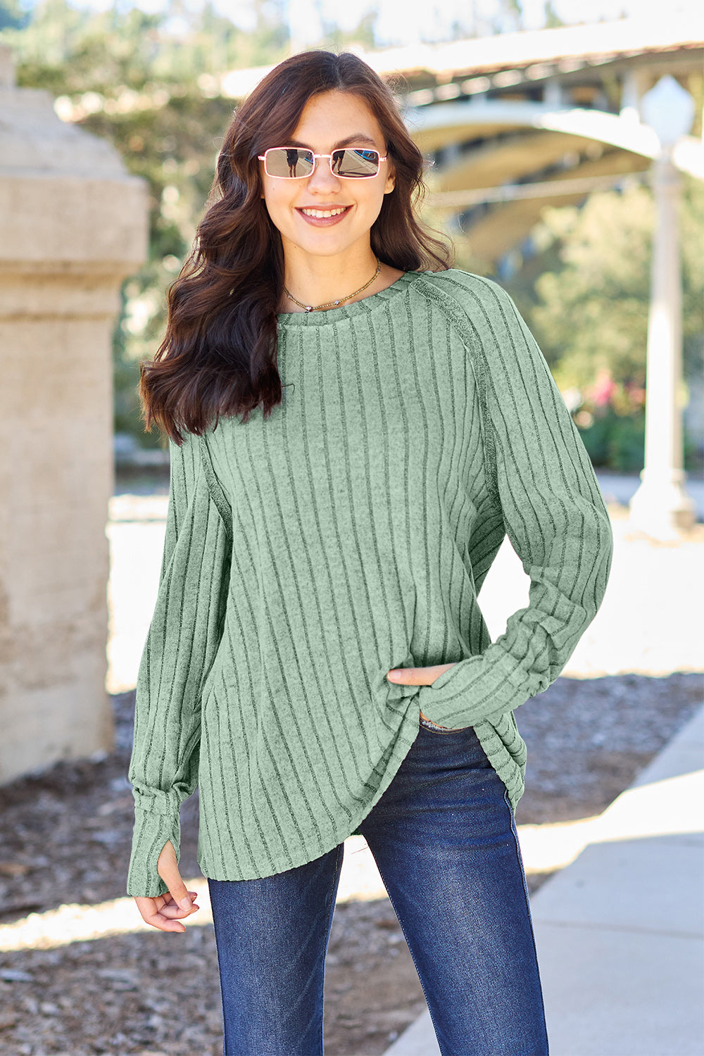 Basic Bae Full Size Ribbed Round Neck Long Sleeve Knit Top