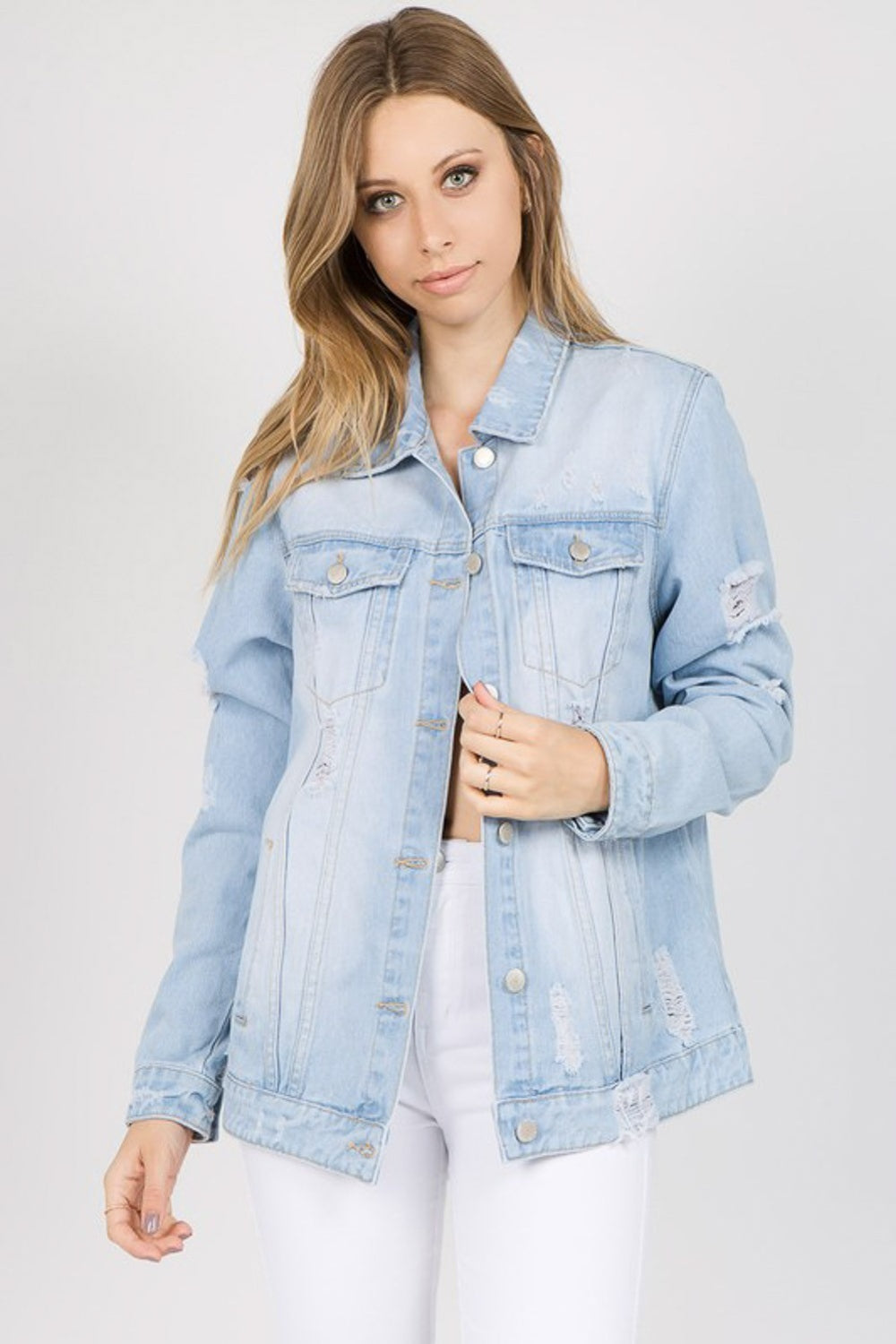 American Bazi Letter Patched Distressed Denim Jacket