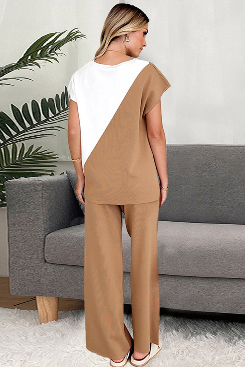 Two-Tone Round Neck Camel Top and Pants Set