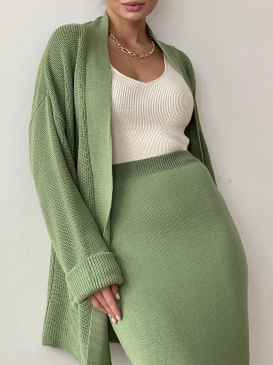 Pocketed Long Sleeve Cardigan and Skirt Sweater Set