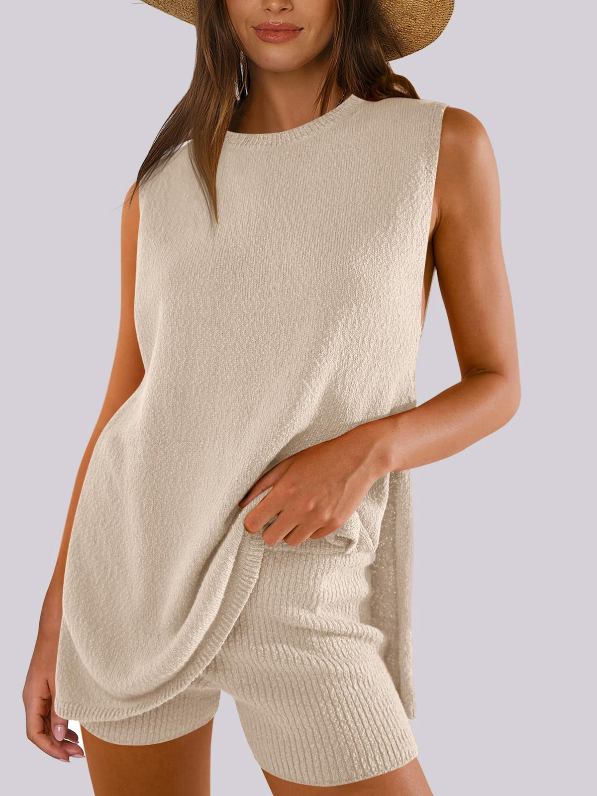 Mandy Side Slit Round Neck Tank and Shorts Sweater Set