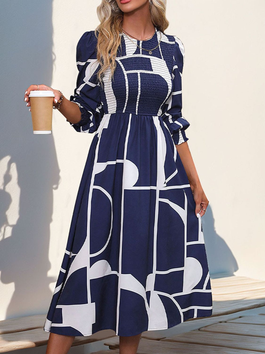 Smocked Color Block Long Sleeve Midi Dress