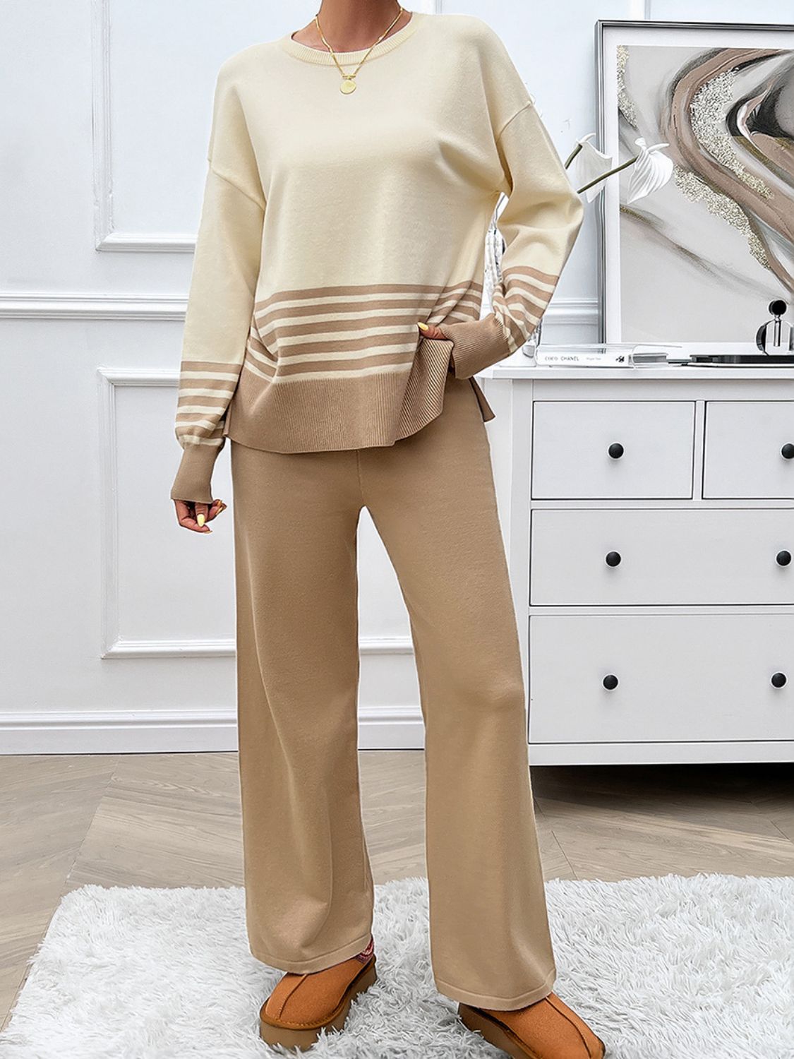 Devine Slit Striped Round Neck Top and Pants Sweater Set