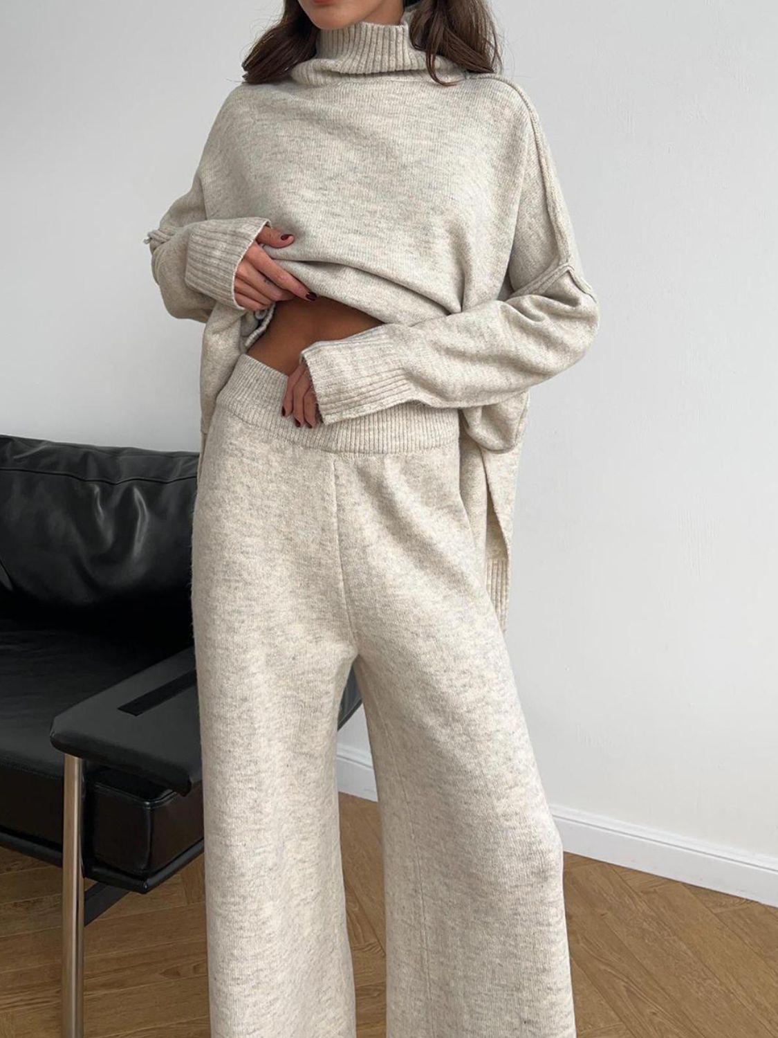 Slit Turtleneck Long Sleeve Top and Pants Sweater Set