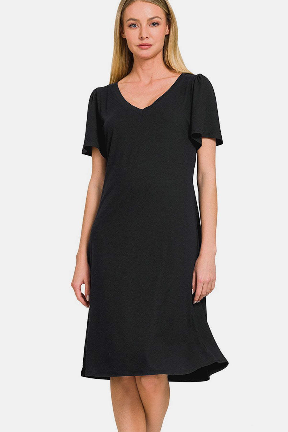 Zenana V-Neck Short Sleeve Black Dress