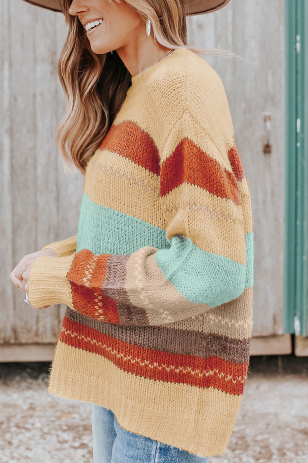 Color Block Round Neck Dropped Shoulder Sweater