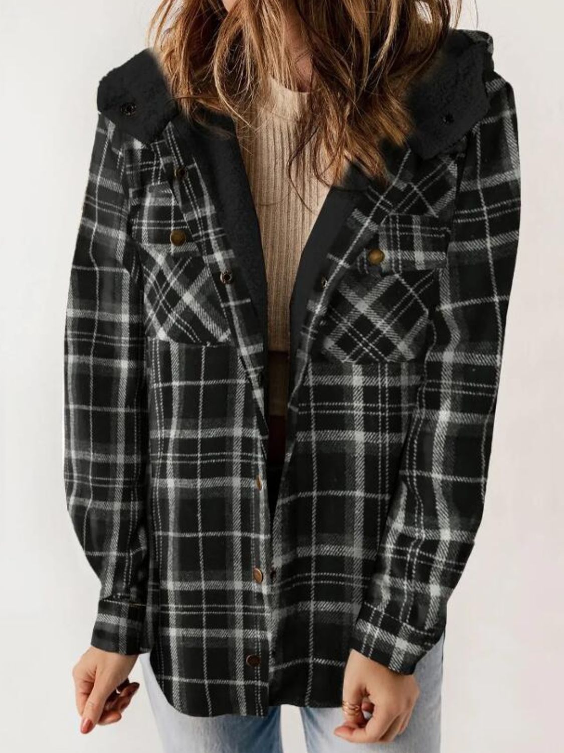 Plaid Snap Down Plush Hooded Jacket