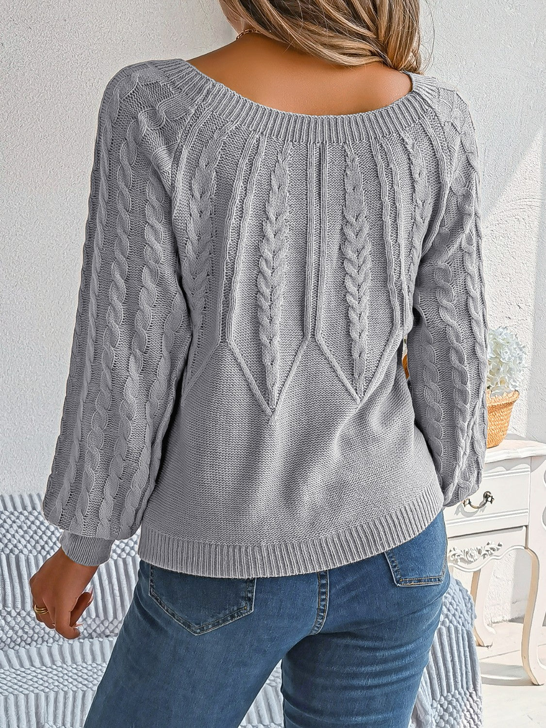 Cable-Knit Round Neck Long Sleeve Sweater