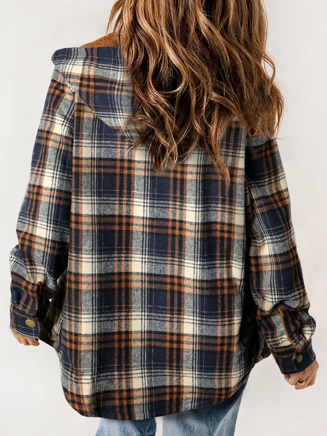 Plaid Snap Down Plush Hooded Jacket