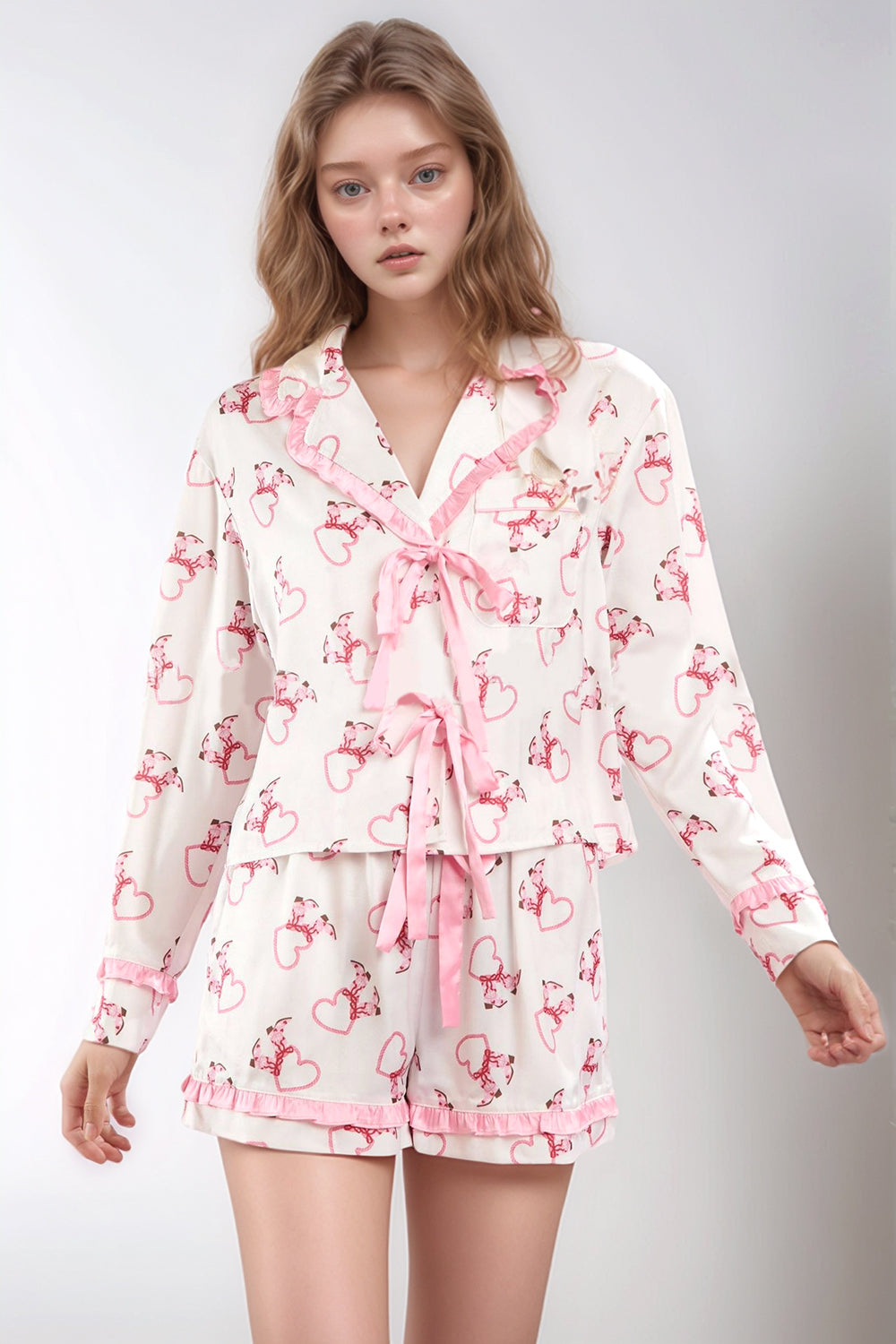 Valentine’s Day Ribbon Tied Printed Long Sleeve Top and Shorts Lounge Set