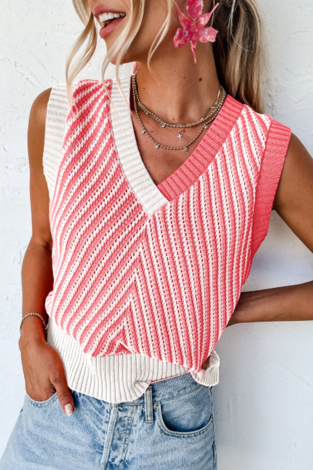 Striped Contrast V-Neck Sweater Vest