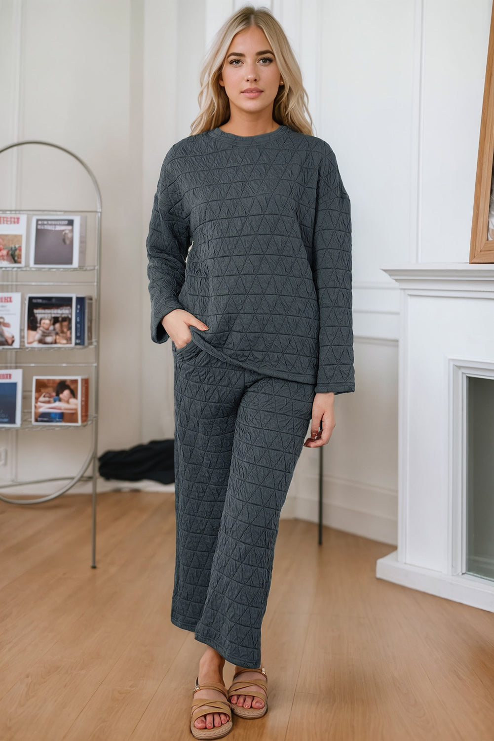 Round Neck Top and PocketedPants Lounge Set