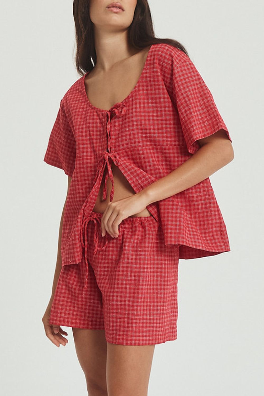 Plaid Tied Scoop Neck Short Sleeve Top and Drawstring Shorts Set