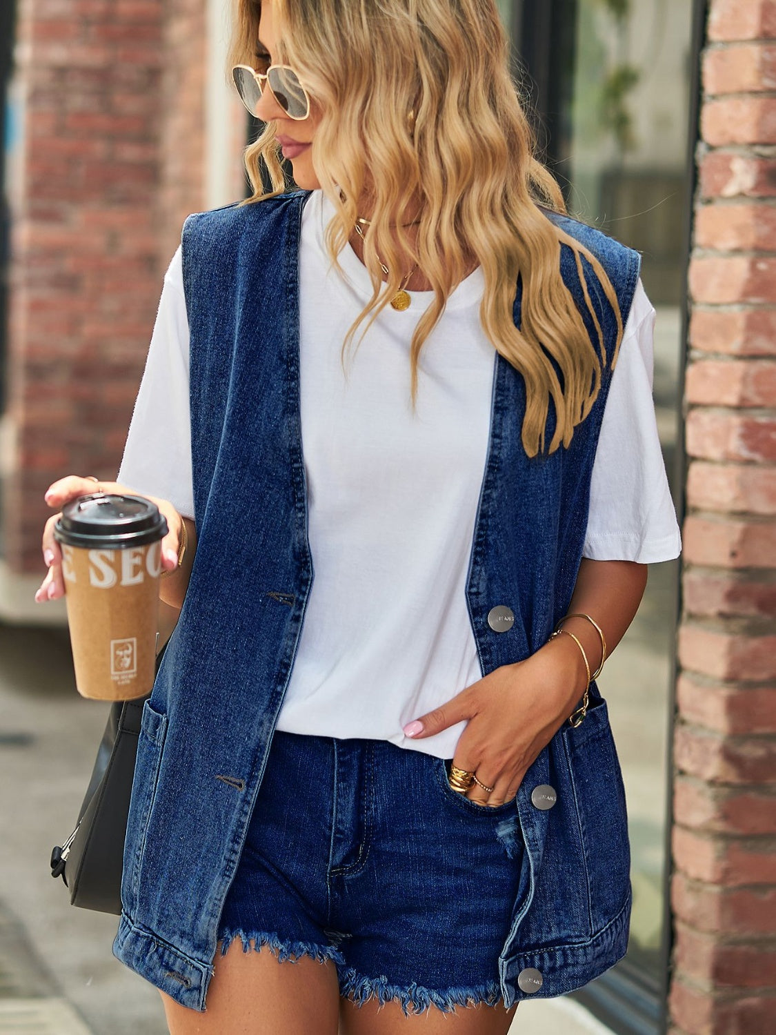 Full Size V-Neck Button Up Denim Vest