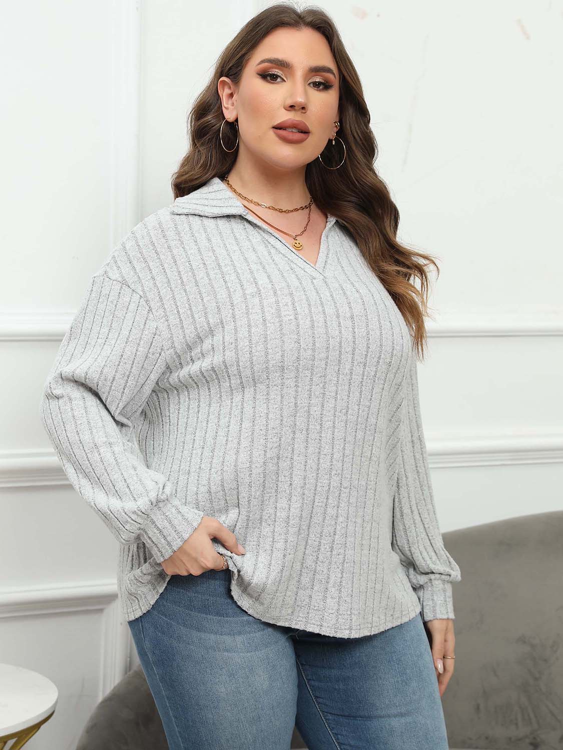 Plus Size Ribbed Collared Neck Long Sleeve Blouse