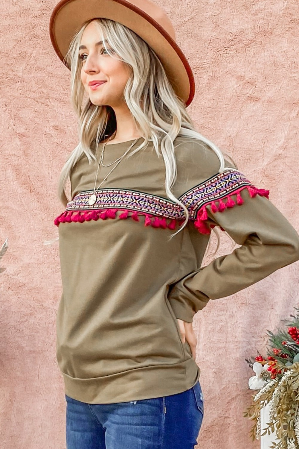 And The Why Ethnic Ribbon Tassel Trim Top