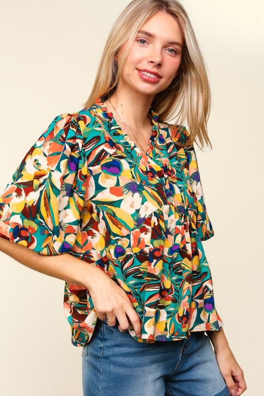 Haptics Full Size Frill Floral Puff Sleeve Peplum Blouse