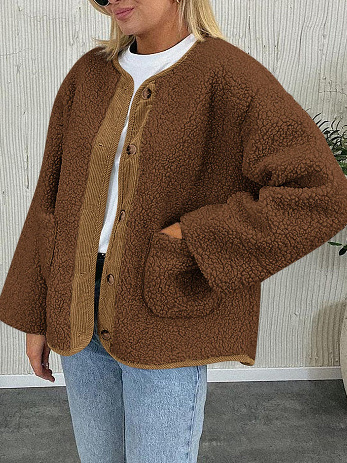 Contrast Button Up Sherpa Jacket with Pockets