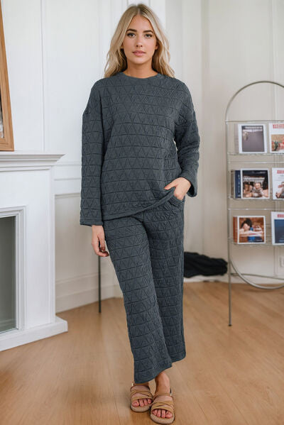 Round Neck Top and PocketedPants Lounge Set