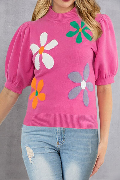 Flower Mock Neck Short Sleeve Sweater