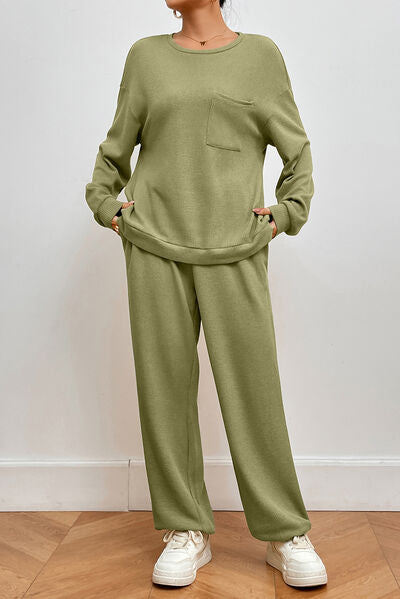 Pocketed Round Neck Top and Pants Lounge Set