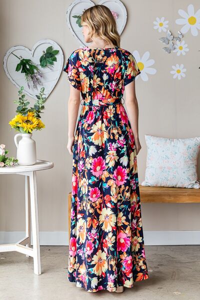 Heimish Full Size Floral Surplice Tie Waist Maxi Dress