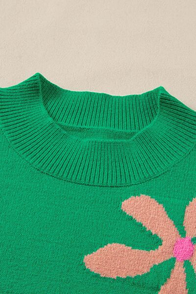 Flower Mock Neck Short Sleeve Sweater